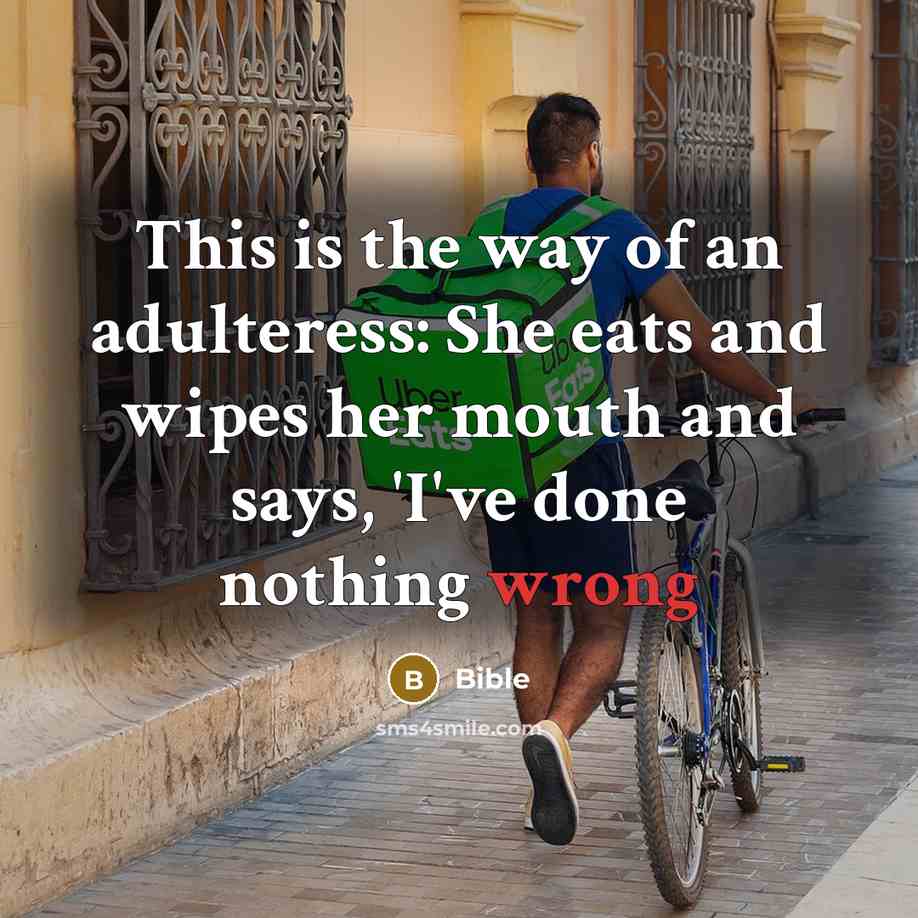“This is the way of an adulteress: She eats and wipes her mouth and says, 'I've done nothing wrong” quote by Bible
