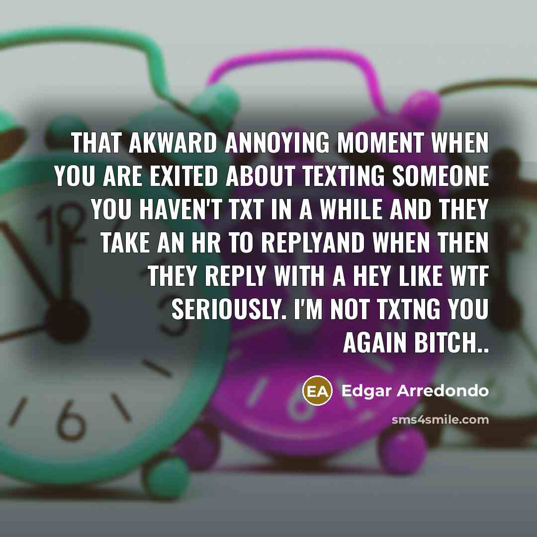 “That akward annoying moment when you are exited about texting someone you haven't txt in a while and they take an hr to replyand when then they reply with a hey like wtf seriously. I'm not txtng you again bitch..” quote by Edgar Arredondo