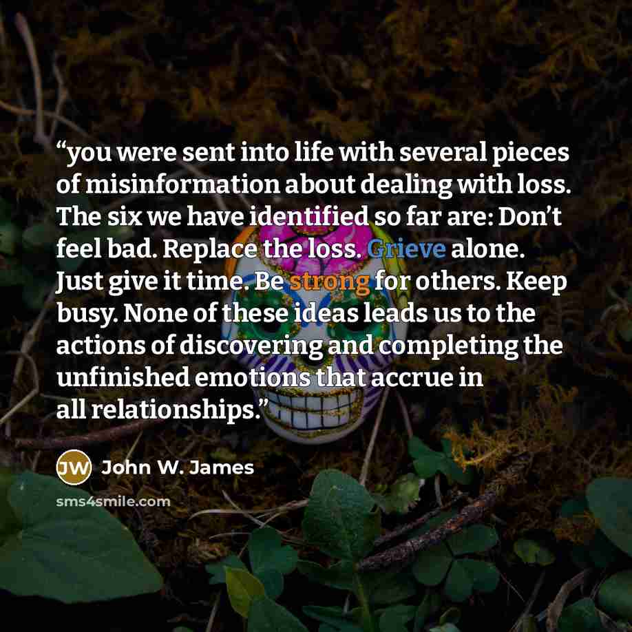 “you were sent into life with several pieces of misinformation about dealing with loss. The six we have identified so far are: Don’t feel bad. Replace the loss. Grieve alone. Just give it time. Be strong for others. Keep busy. None of these ideas leads us to the actions of discovering and…” quote by John W. James