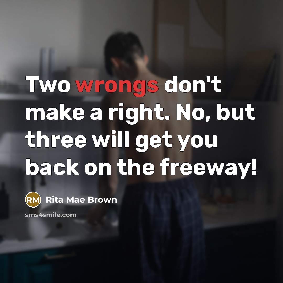 “Two wrongs don't make a right. No, but three will get you back on the freeway!” quote by Rita Mae Brown