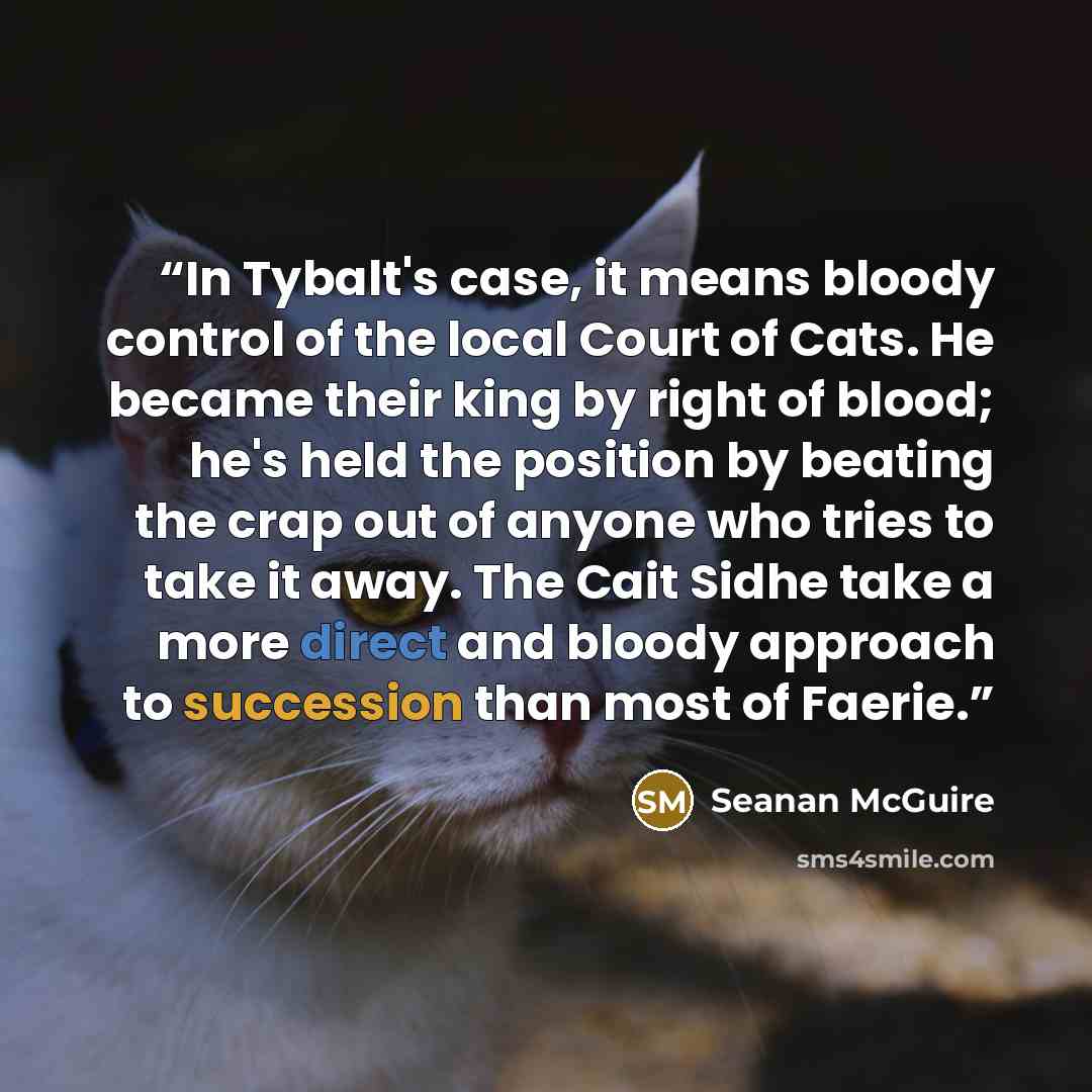 “In Tybalt's case, it means bloody control of the local Court of Cats. He became their king by right of blood; he's held the position by beating the crap out of anyone who tries to take it away. The Cait Sidhe take a more direct and bloody approach to succession than most of Faerie.” quote by Seanan McGuire