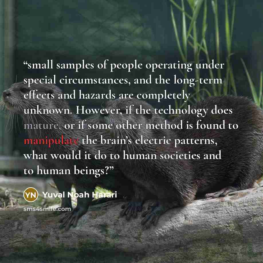 “small samples of people operating under special circumstances, and the long-term effects and hazards are completely unknown. However, if the technology does mature, or if some other method is found to manipulate the brain’s electric patterns, what would it do to human societies and to human beings?” quote by Yuval Noah Harari