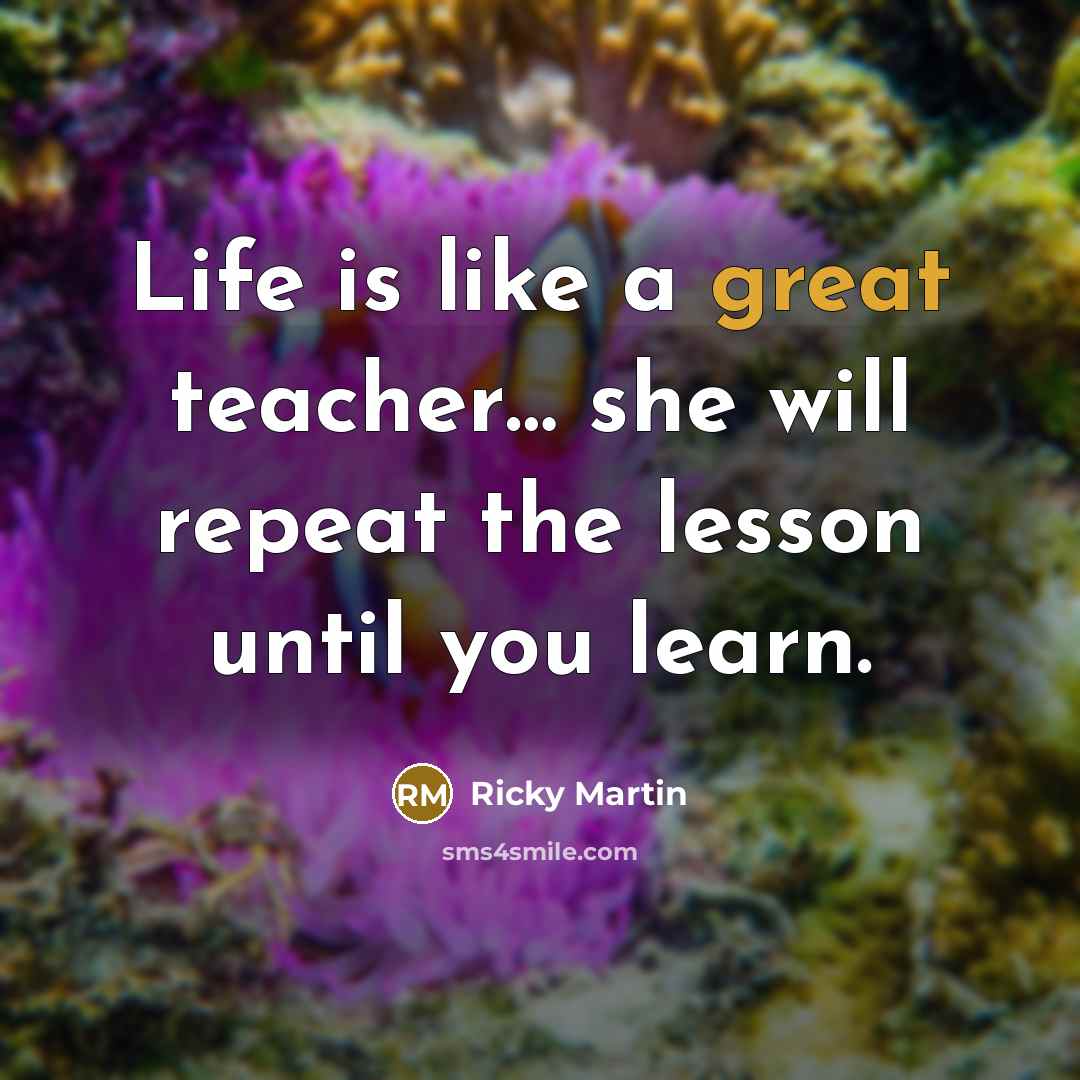 “Life is like a great teacher..... she will repeat the…” quote by Ricky Martin