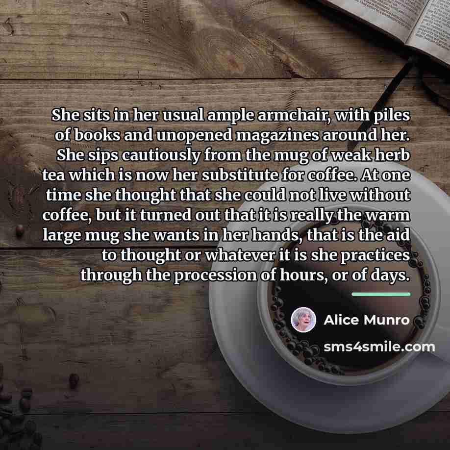 “She sits in her usual ample armchair, with piles of…” quote by Alice Munro