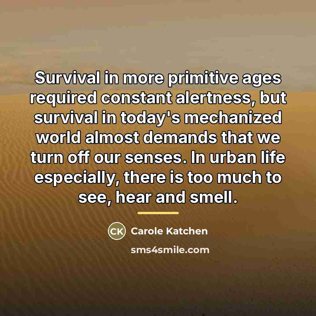 “Survival in more primitive ages required constant alertness, but survival…” quote by Carole Katchen