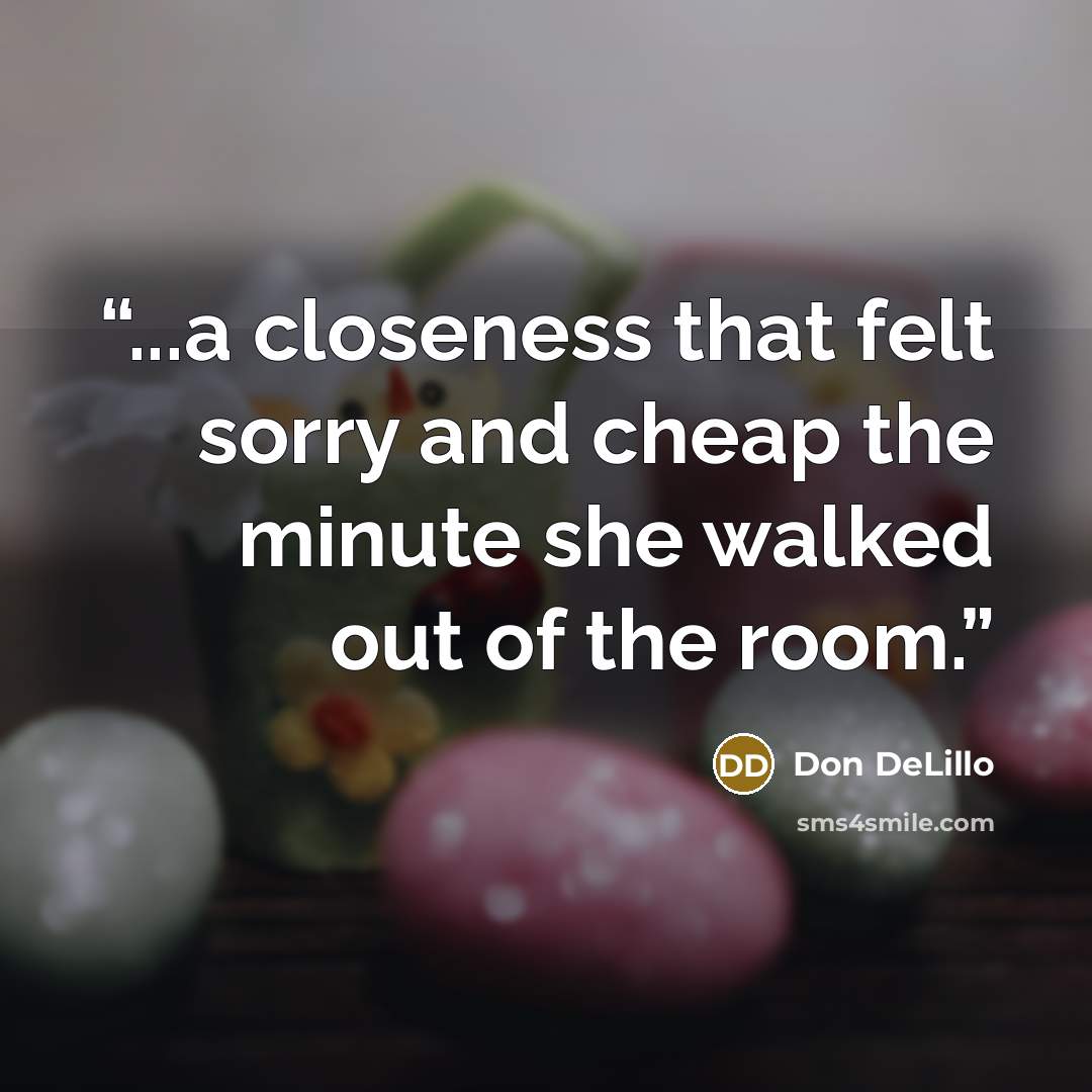 “...a closeness that felt sorry and cheap the minute she walked out of the room.” quote by Don DeLillo