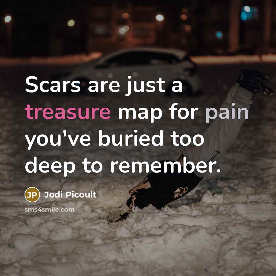 “Scars are just a treasure map for pain you've buried…” quote by Jodi Picoult