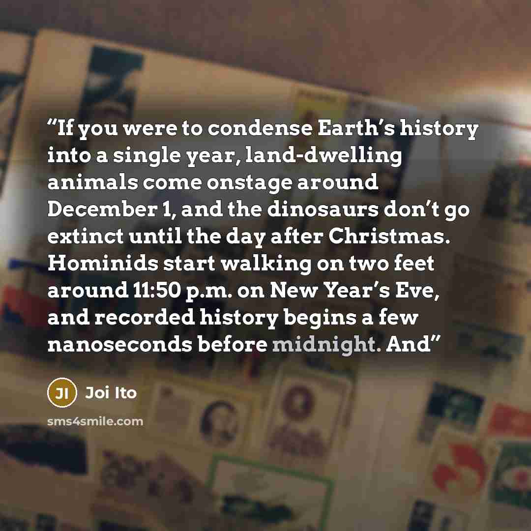 “If you were to condense Earth’s history into a single year, land-dwelling animals come onstage around December 1, and the dinosaurs don’t go extinct until the day after Christmas. Hominids start walking on two feet around 11:50 p.m. on New Year’s Eve, and recorded history begins a few nanoseconds…” quote by Joi Ito