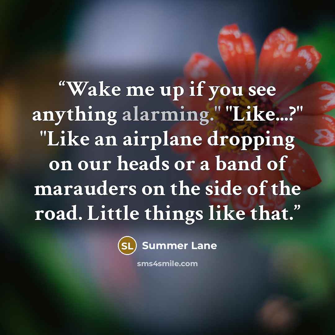 “Wake me up if you see anything alarming." "Like...?" "Like an airplane dropping on our heads or a band of marauders on the side of the road. Little things like that.” quote by Summer Lane