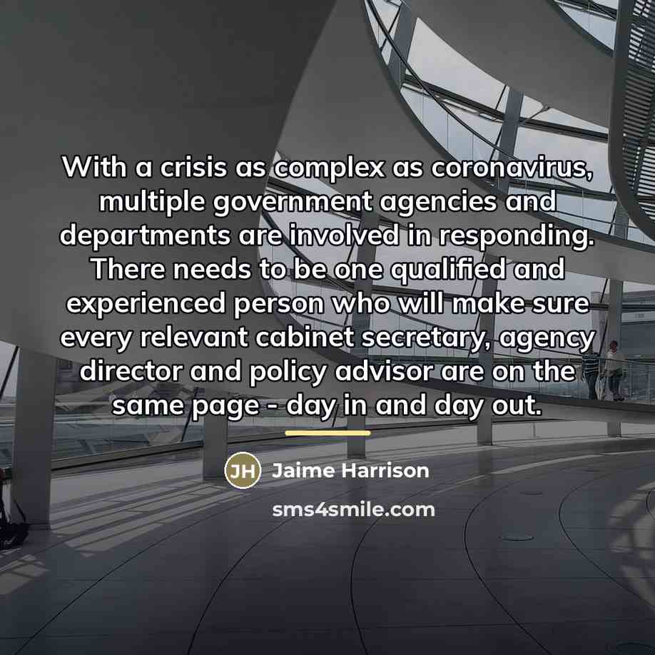 “With a crisis as complex as coronavirus, multiple government agencies…” quote by Jaime Harrison