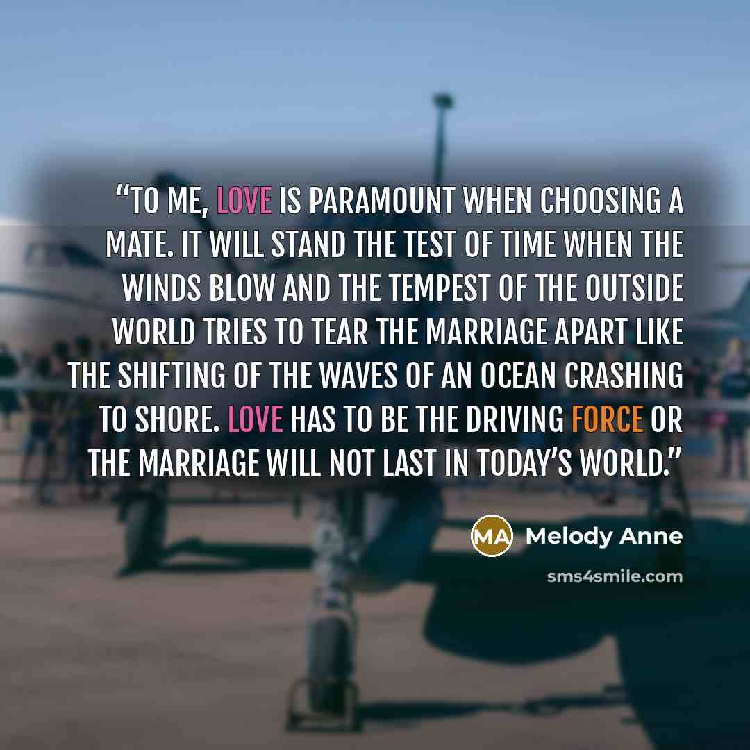 “To me, love is paramount when choosing a mate. It will stand the test of time when the winds blow and the tempest of the outside world tries to tear the marriage apart like the shifting of the waves of an ocean crashing to shore. Love has to be the driving force or the marriage will not last in…” quote by Melody Anne