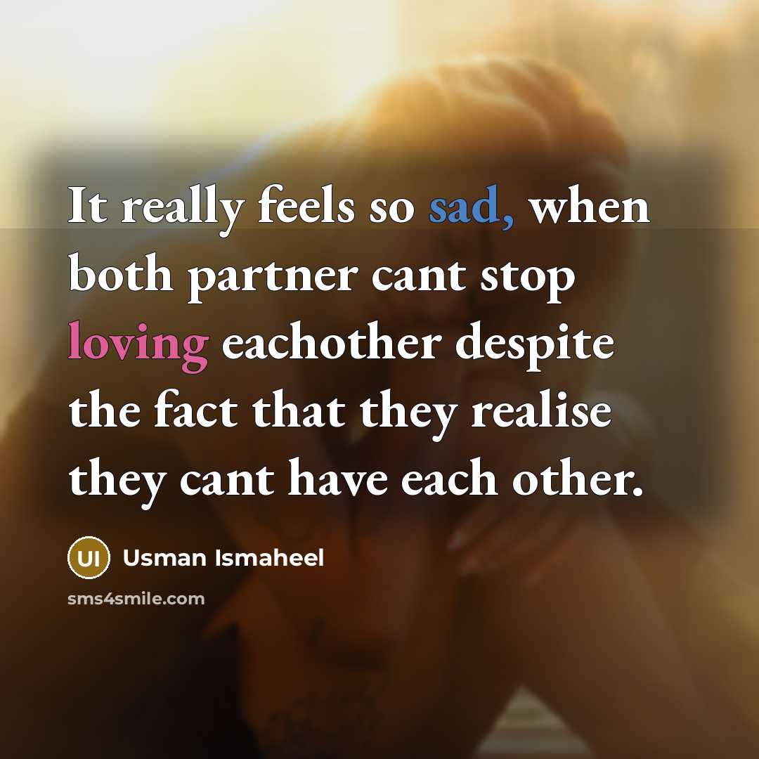“It really feels so sad, when both partner cant stop loving eachother despite the fact that they realise they cant have each other.” quote by Usman Ismaheel