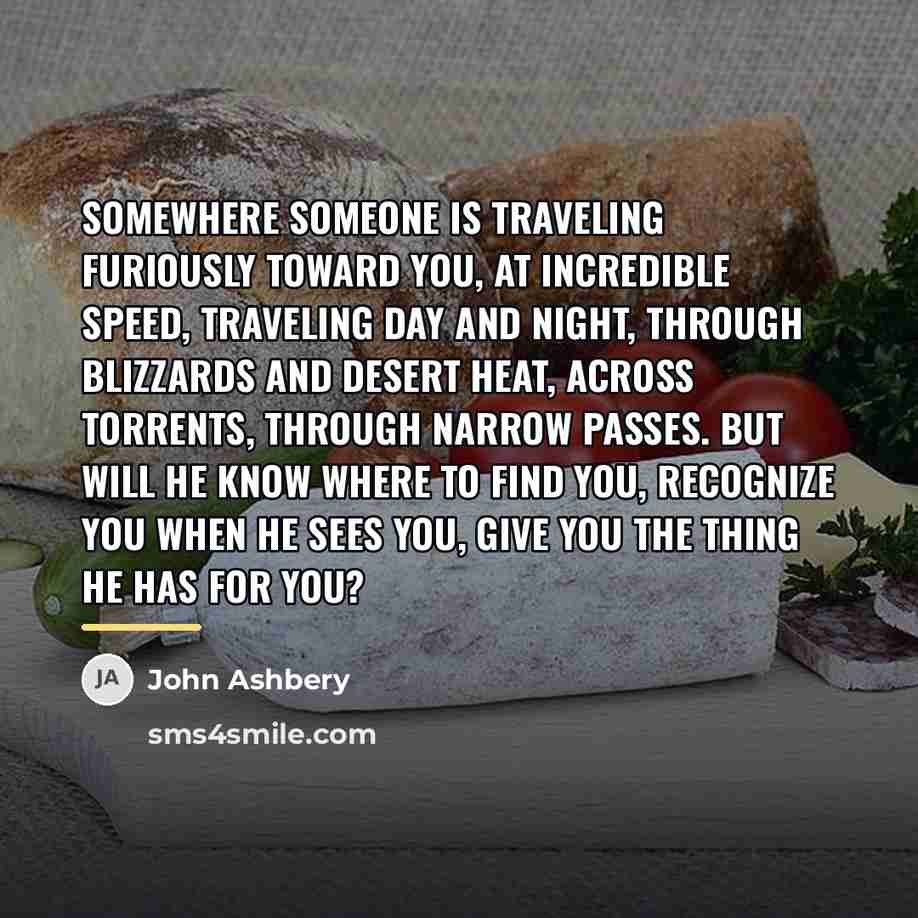 “Somewhere someone is traveling furiously toward you, At incredible speed,…” quote by John Ashbery