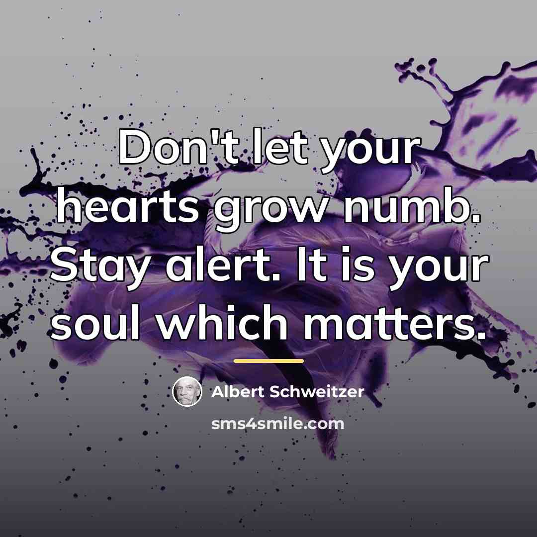 “Don't let your hearts grow numb. Stay alert. It is…” quote by Albert Schweitzer