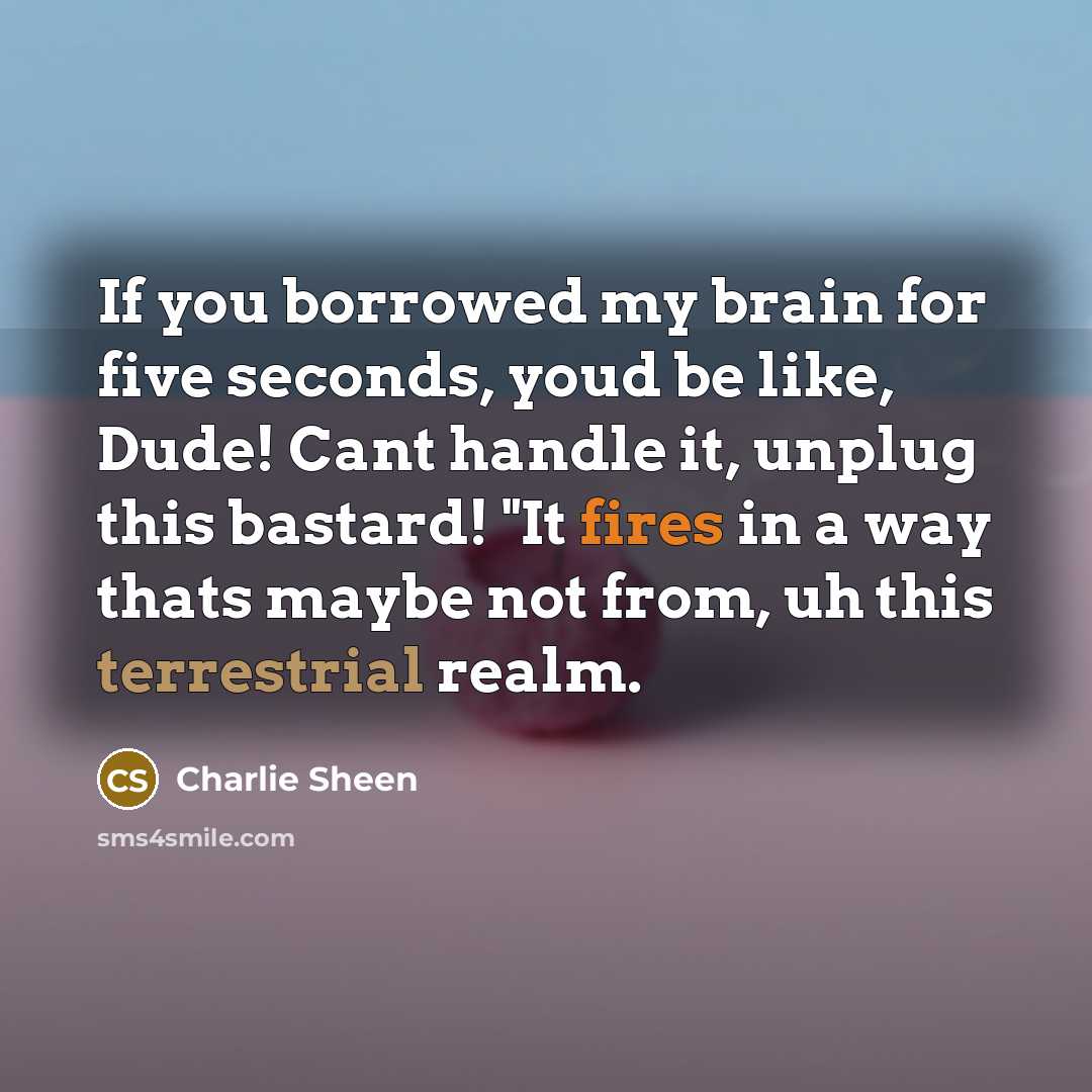 “If you borrowed my brain for five seconds, youd be like, Dude! Cant handle it, unplug this bastard! "It fires in a way thats maybe not from, uh this terrestrial realm.” quote by Charlie Sheen