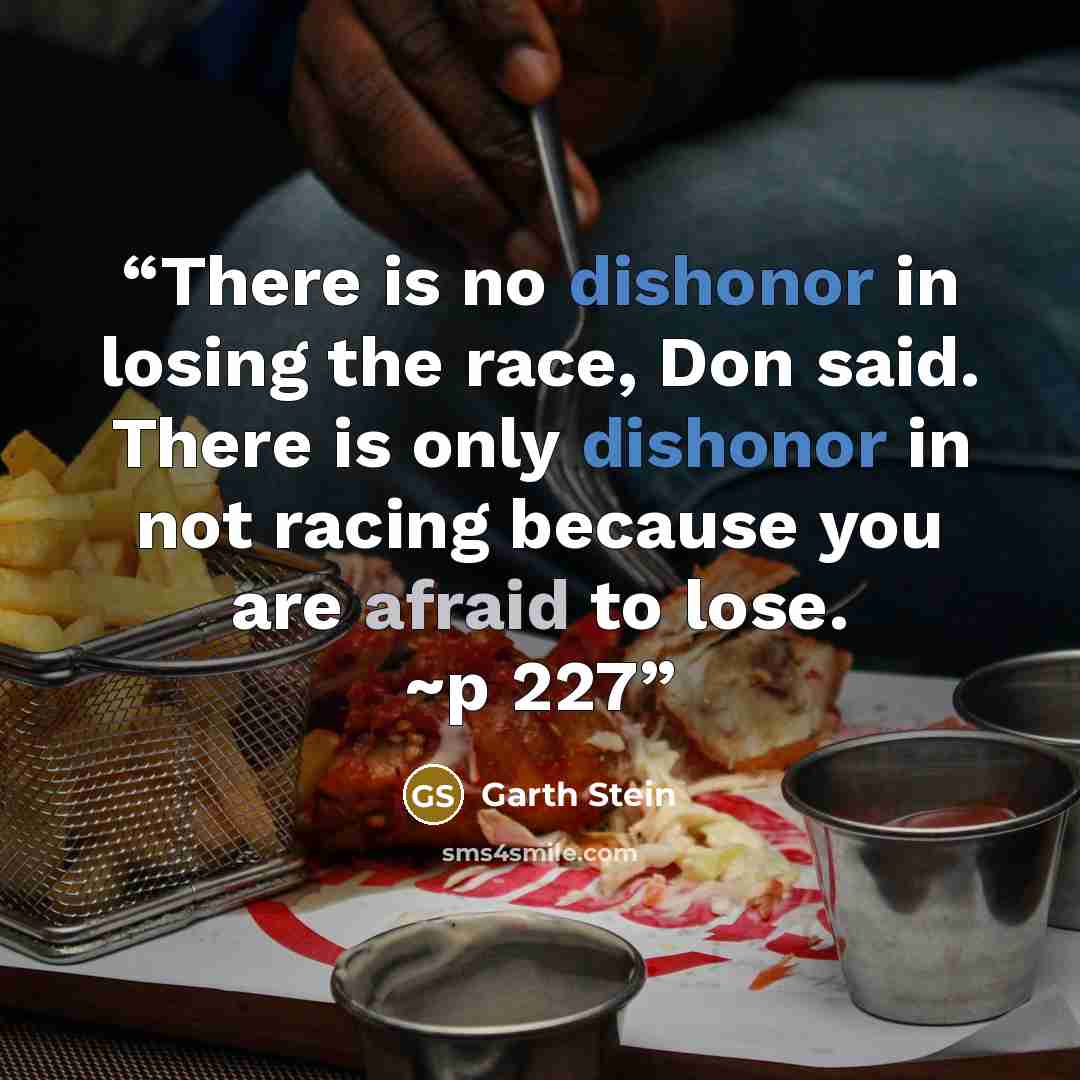 “There is no dishonor in losing the race, Don said. There is only dishonor in not racing because you are afraid to lose. ~p 227” quote by Garth Stein