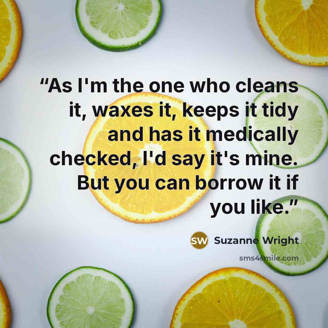 “As I'm the one who cleans it, waxes it, keeps it tidy and has it medically checked, I'd say it's mine. But you can borrow it if you like.” quote by Suzanne Wright