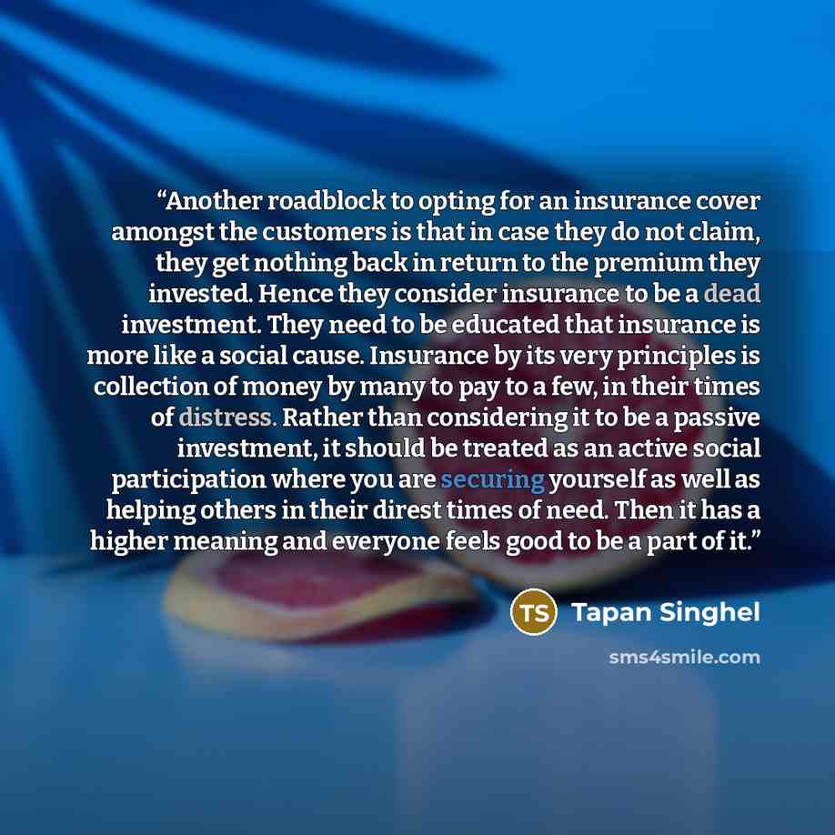 “Another roadblock to opting for an insurance cover amongst the customers is that in case they do not claim, they get nothing back in return to the premium they invested. Hence they consider insurance to be a dead investment. They need to be educated that insurance is more like a social cause…” quote by Tapan Singhel