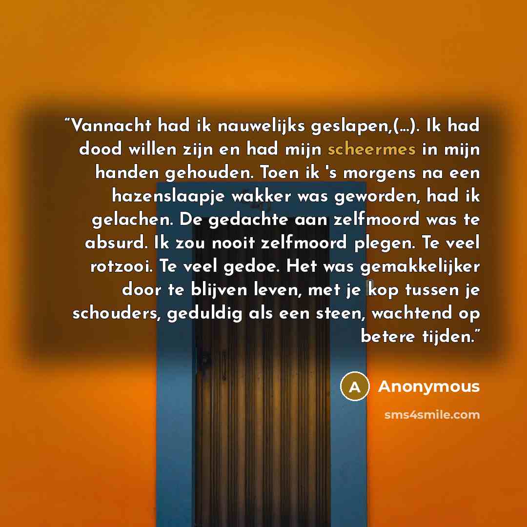 “Vannacht had ik nauwelijks geslapen,(...). Ik had dood willen zijn en had mijn scheermes in mijn handen gehouden. Toen ik 's morgens na een hazenslaapje wakker was geworden, had ik gelachen. De gedachte aan zelfmoord was te absurd. Ik zou nooit zelfmoord plegen. Te veel rotzooi. Te veel gedoe. Het…” quote by Anonymous