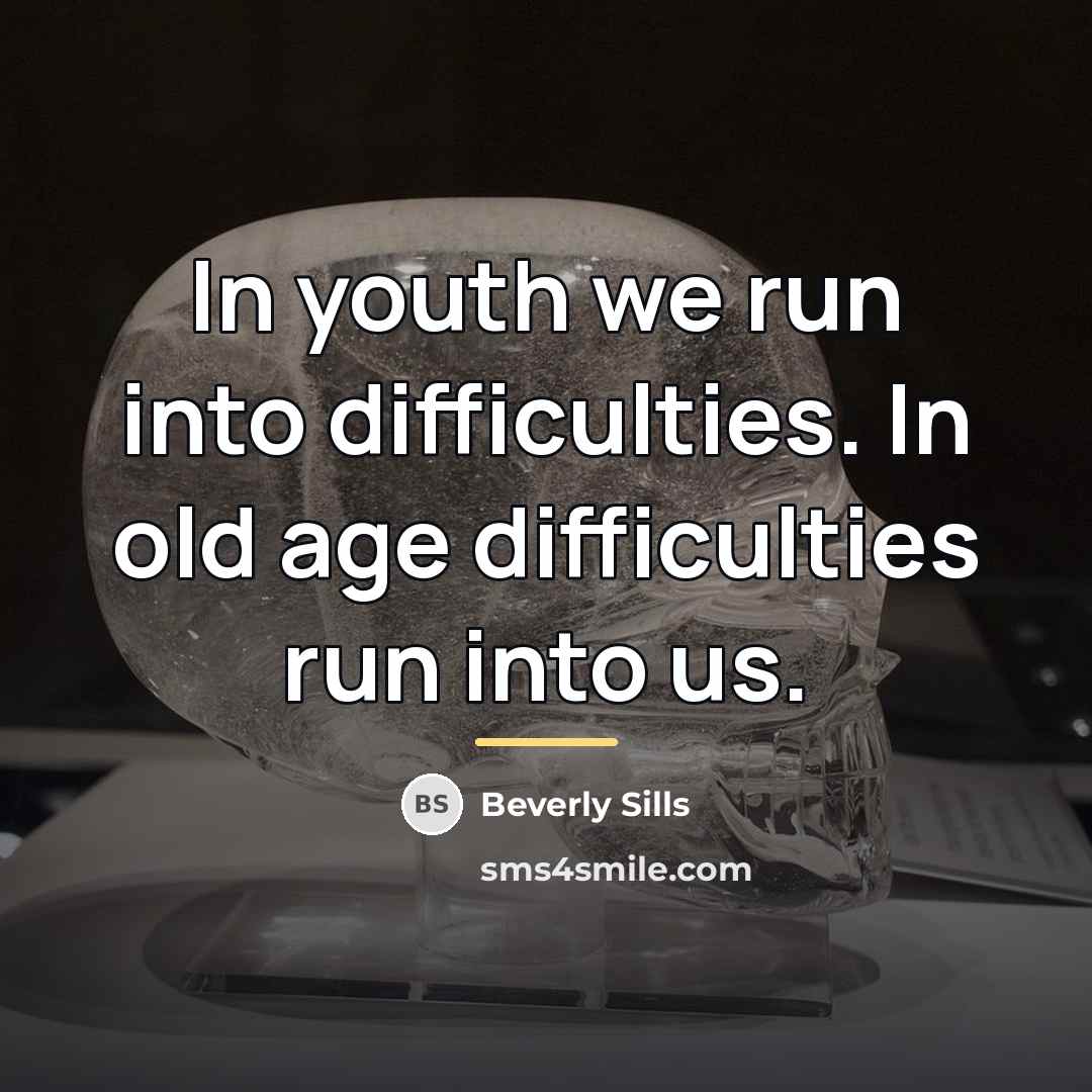 “In youth we run into difficulties. In old age difficulties…” quote by Beverly Sills