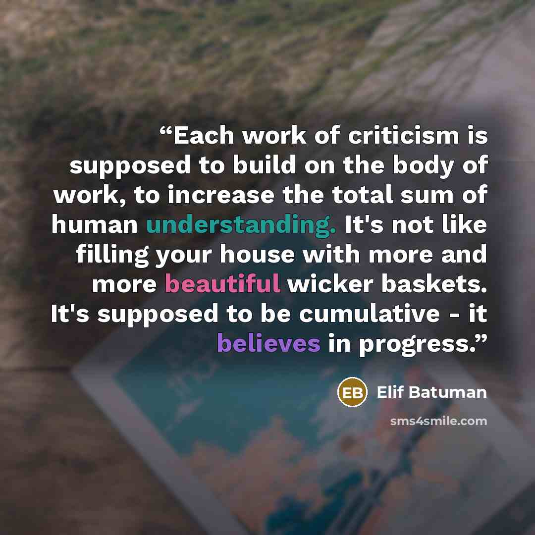 “Each work of criticism is supposed to build on the body of work, to increase the total sum of human understanding. It's not like filling your house with more and more beautiful wicker baskets. It's supposed to be cumulative - it believes in progress.” quote by Elif Batuman