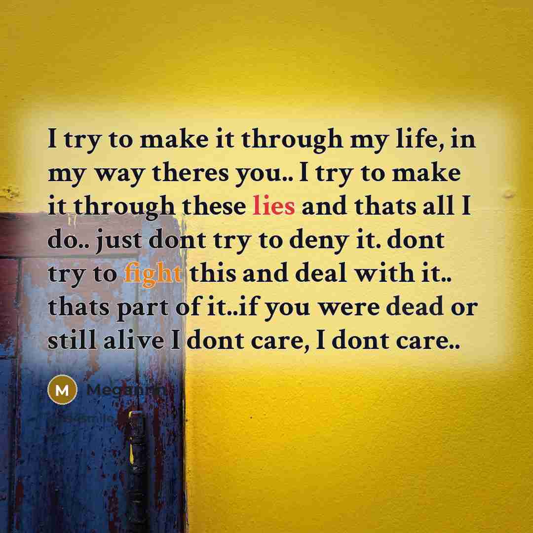 “I try to make it through my life, in my way theres you.. I try to make it through these lies and thats all I do.. just dont try to deny it. dont try to fight this and deal with it.. thats part of it..if you were dead or still alive I dont care, I dont care..” quote by Megannn