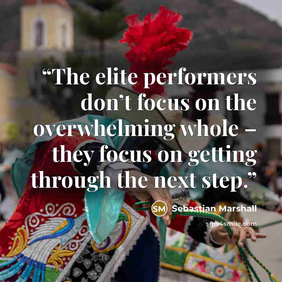 “The elite performers don’t focus on the overwhelming whole – they focus on getting through the next step.” quote by Sebastian Marshall