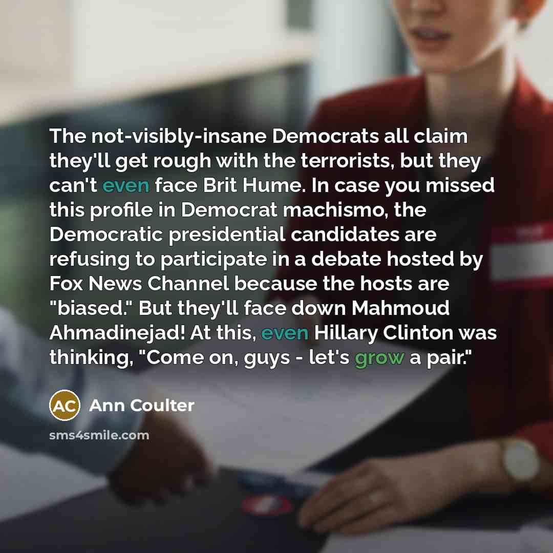“The not-visibly-insane Democrats all claim they'll get rough with the…” quote by Ann Coulter