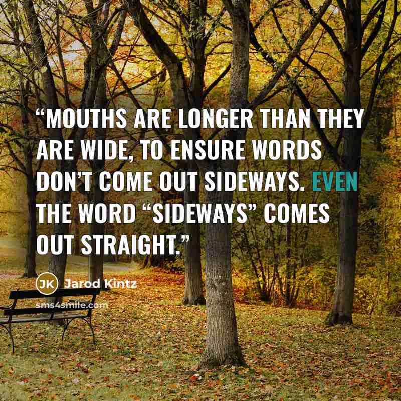 “Mouths are longer than they are wide, to ensure words don’t come out sideways. Even the word “sideways” comes out straight.” quote by Jarod Kintz