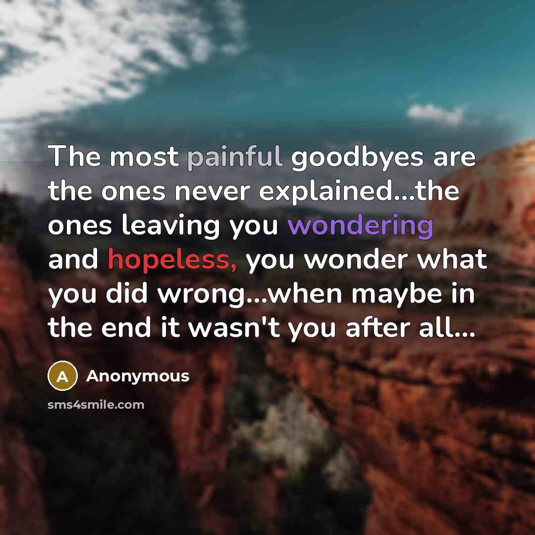 “The most painful goodbyes are the ones never explained...the ones leaving you wondering and hopeless, you wonder what you did wrong...when maybe in the end it wasn't you after all...” quote by Anonymous