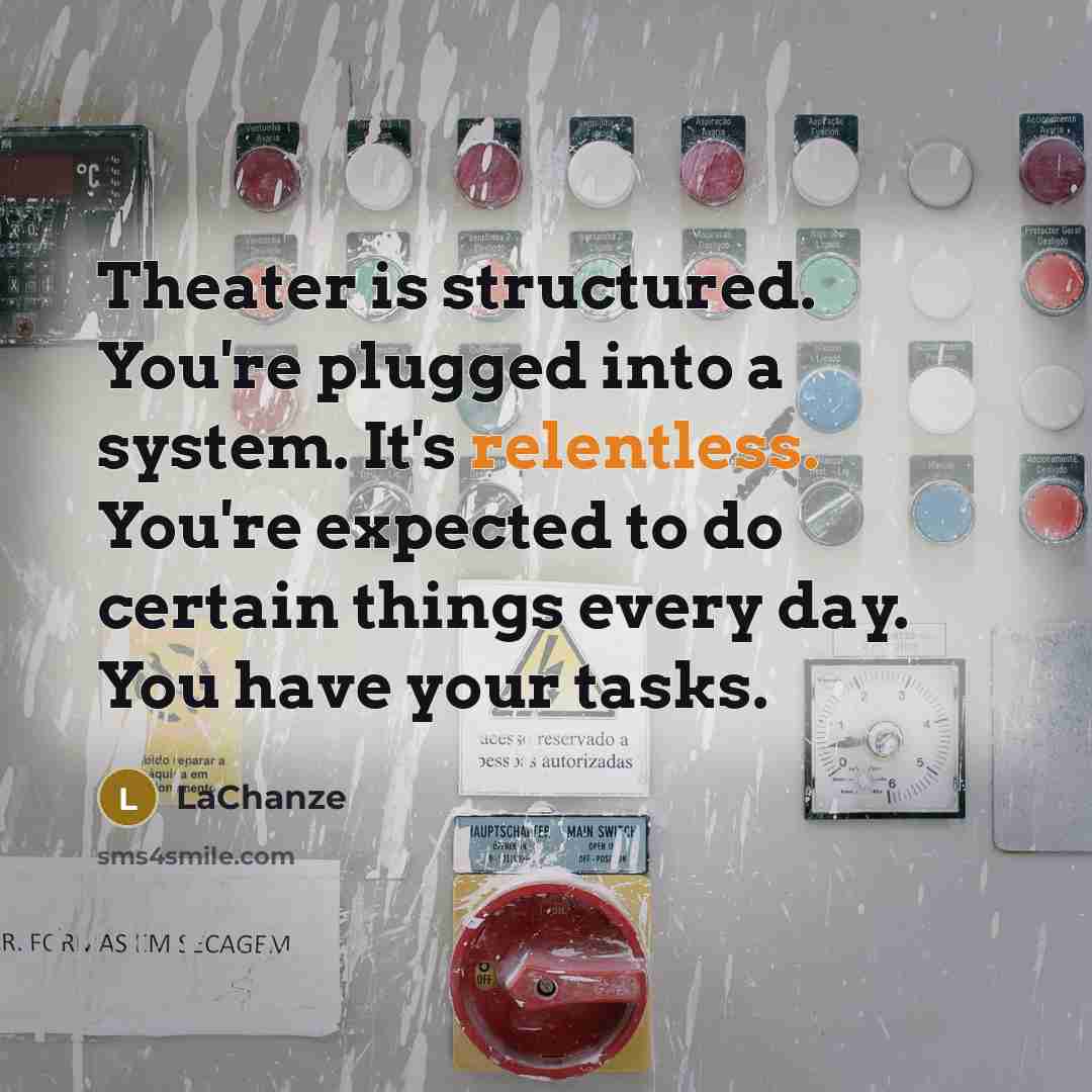 “Theater is structured. You're plugged into a system. It's relentless.…” quote by LaChanze