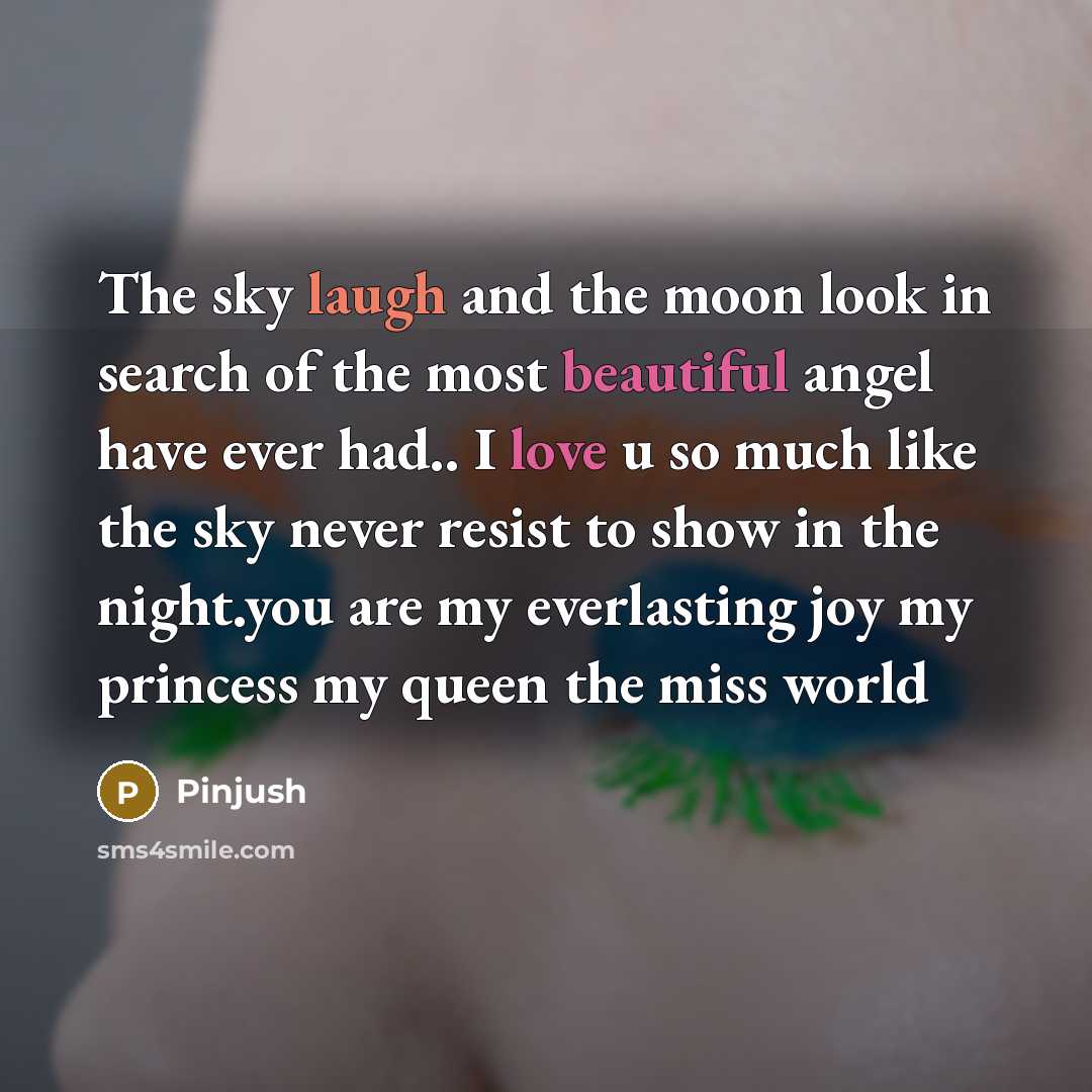“The sky laugh and the moon look in search of the most beautiful angel have ever had.. I love u so much like the sky never resist to show in the night.you are my everlasting joy my princess my queen the miss world” quote by Pinjush