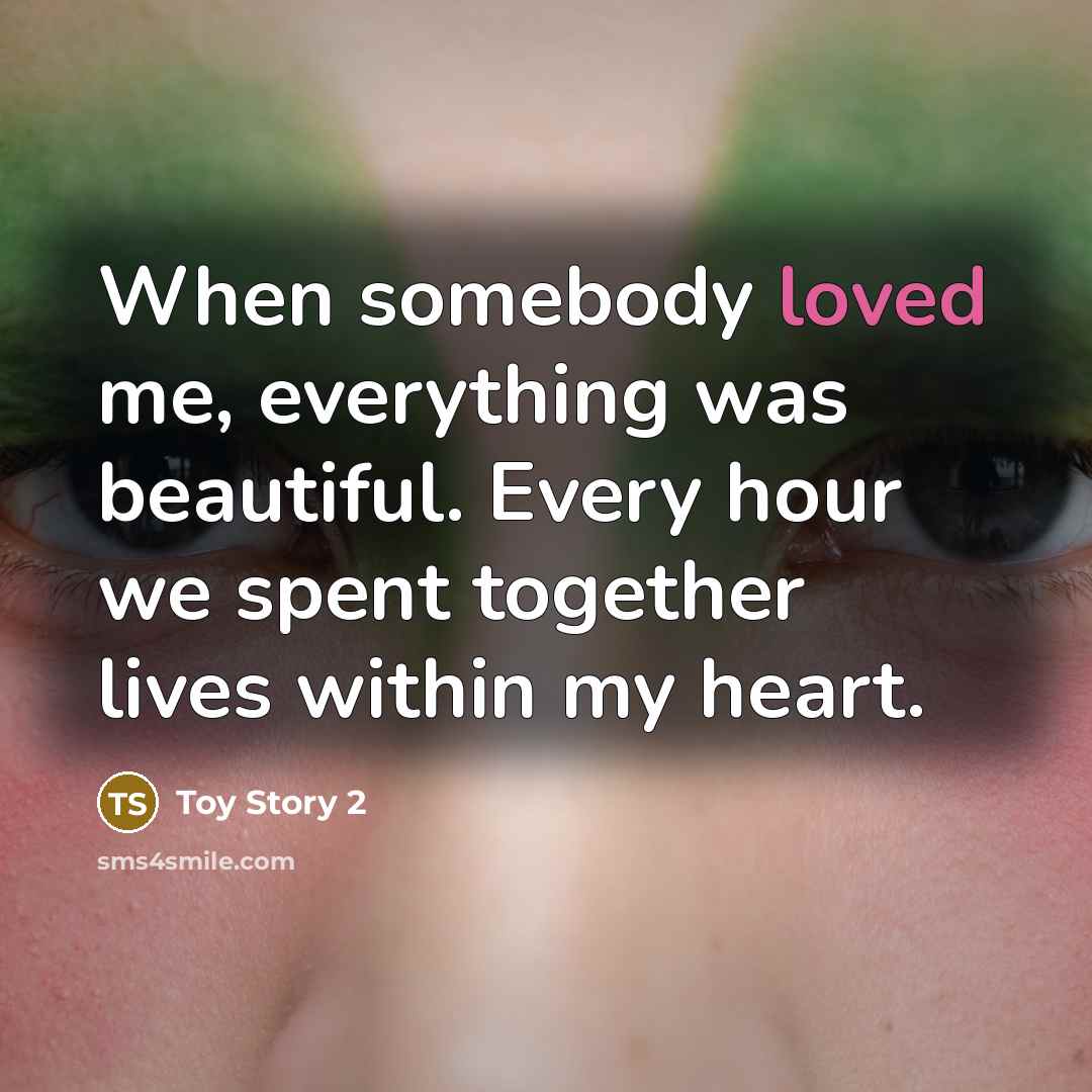 “When somebody loved me, everything was beautiful. Every hour we spent together lives within my heart.” quote by Toy Story 2
