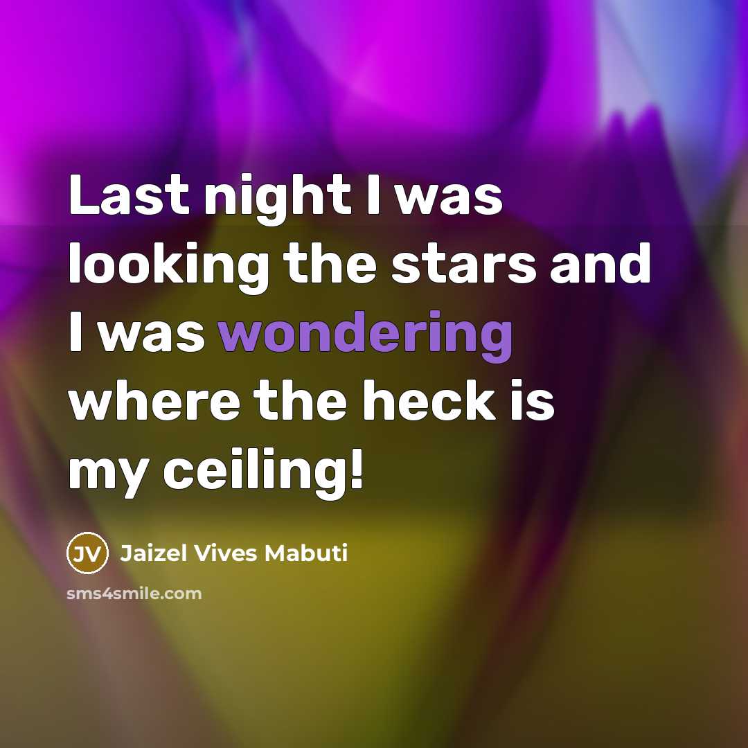 “Last night I was looking the stars and I was wondering where the heck is my ceiling!” quote by Jaizel Vives Mabuti