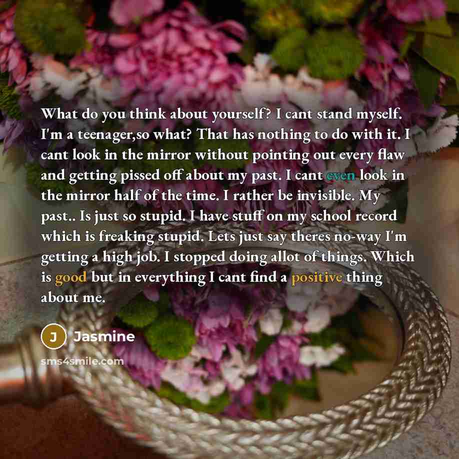 “What do you think about yourself? I cant stand myself. I'm a teenager,so what? That has nothing to do with it. I cant look in the mirror without pointing out every flaw and getting pissed off about my past. I cant even look in the mirror half of the time. I rather be invisible. My past.. Is just…” quote by Jasmine