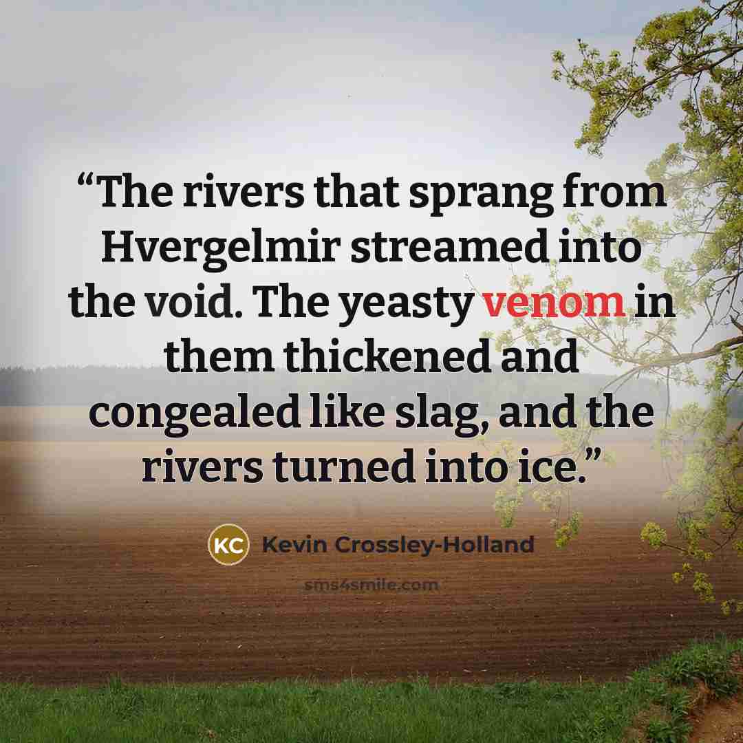“The rivers that sprang from Hvergelmir streamed into the void. The yeasty venom in them thickened and congealed like slag, and the rivers turned into ice.” quote by Kevin Crossley-Holland