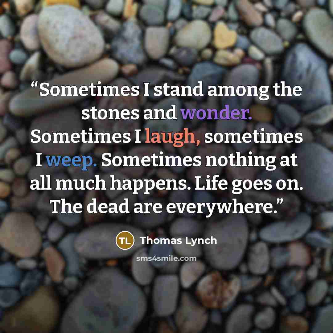 “Sometimes I stand among the stones and wonder. Sometimes I laugh, sometimes I weep. Sometimes nothing at all much happens. Life goes on. The dead are everywhere.” quote by Thomas Lynch