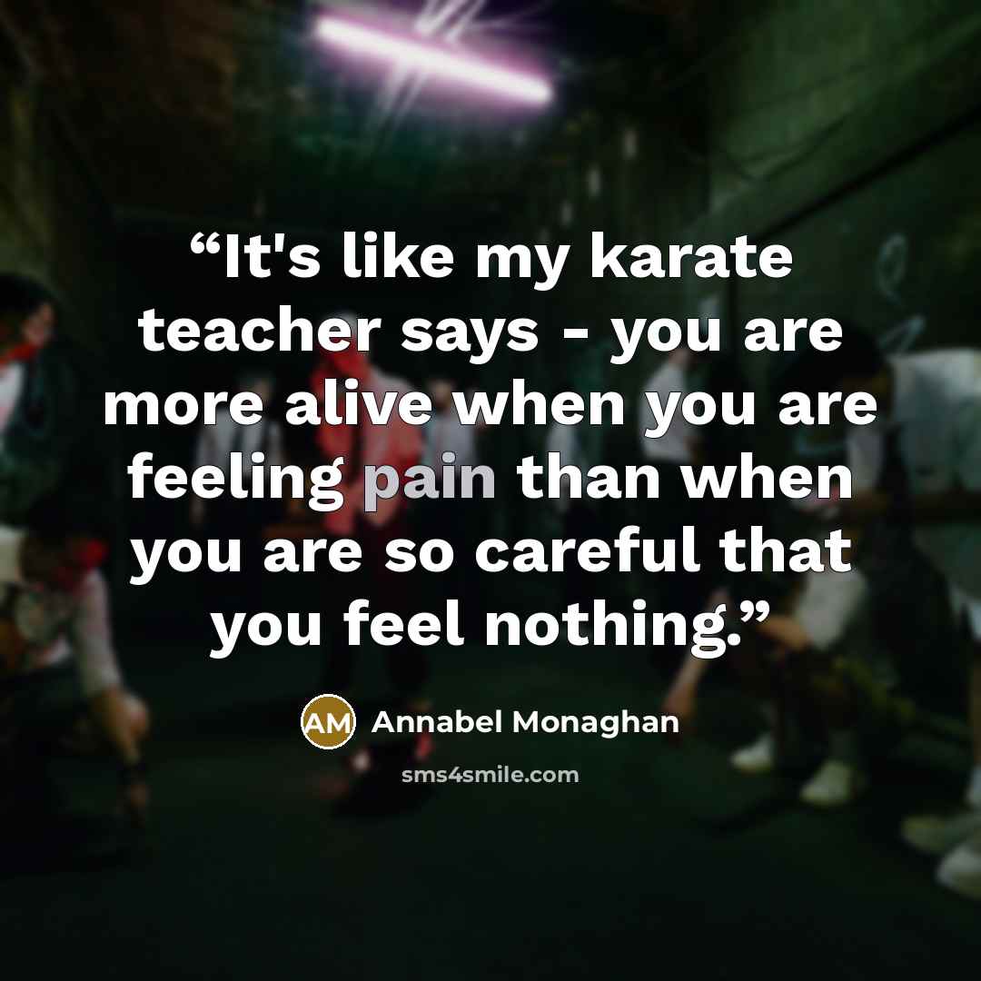 “It's like my karate teacher says - you are more alive when you are feeling pain than when you are so careful that you feel nothing.” quote by Annabel Monaghan