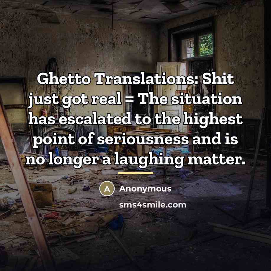 “Ghetto Translations: Shit just got real = The situation has…” quote by Anonymous