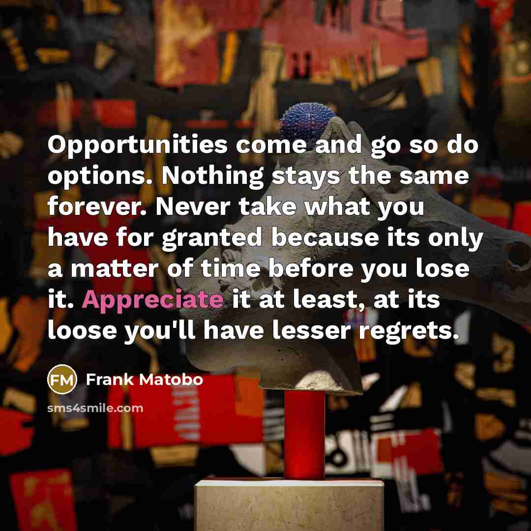 “Opportunities come and go so do options. Nothing stays the…” quote by Frank Matobo