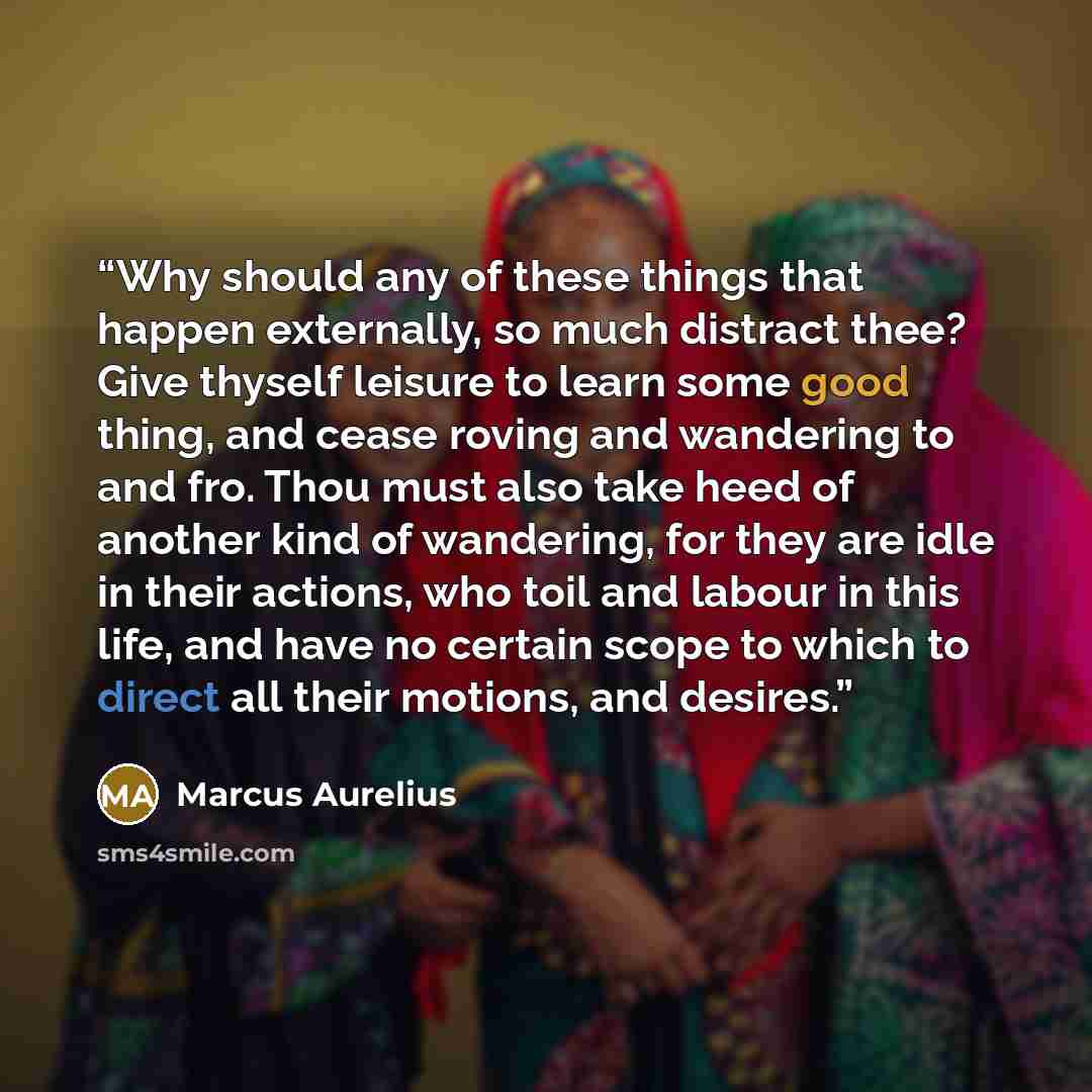 “Why should any of these things that happen externally, so much distract thee? Give thyself leisure to learn some good thing, and cease roving and wandering to and fro. Thou must also take heed of another kind of wandering, for they are idle in their actions, who toil and labour in this life, and…” quote by Marcus Aurelius