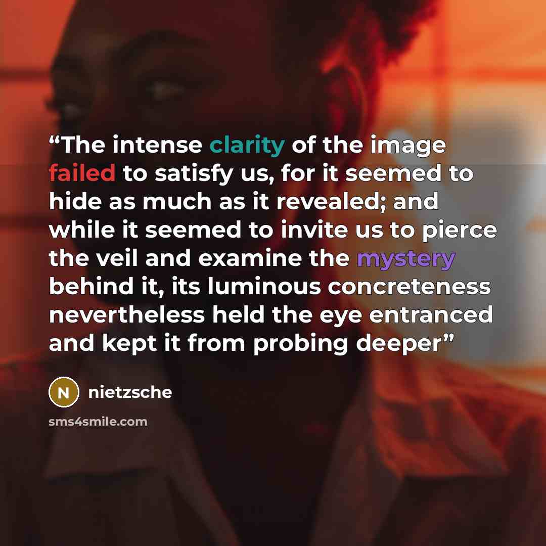 “The intense clarity of the image failed to satisfy us, for it seemed to hide as much as it revealed; and while it seemed to invite us to pierce the veil and examine the mystery behind it, its luminous concreteness nevertheless held the eye entranced and kept it from probing deeper” quote by nietzsche