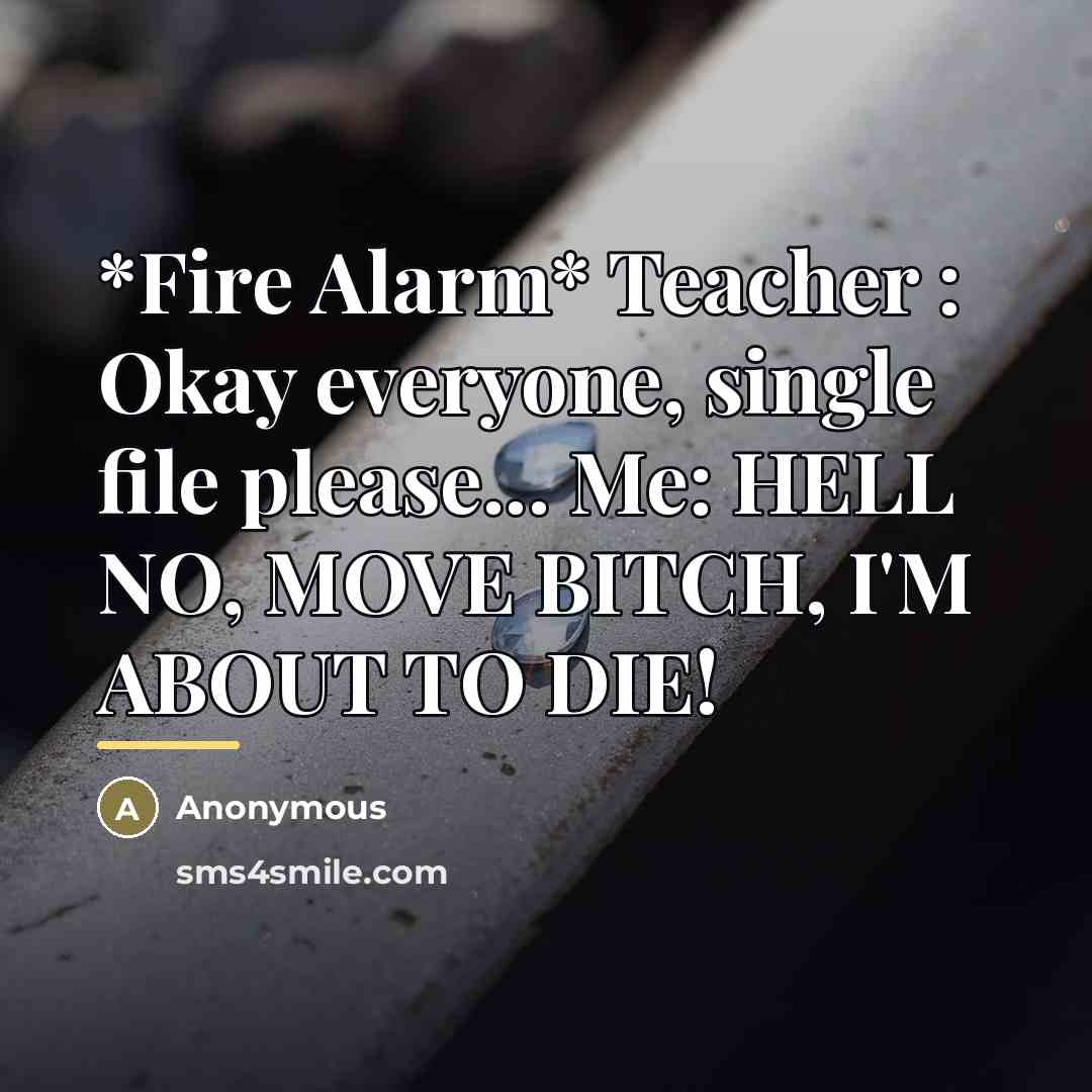 “*Fire Alarm* Teacher : Okay everyone, single file please... Me:…” quote by Anonymous