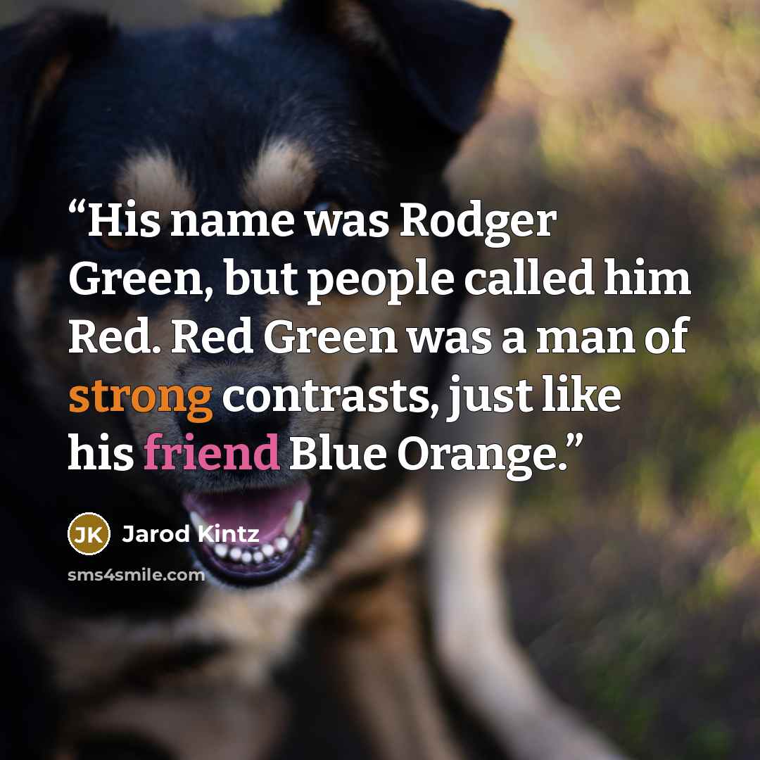 “His name was Rodger Green, but people called him Red. Red Green was a man of strong contrasts, just like his friend Blue Orange.” quote by Jarod Kintz