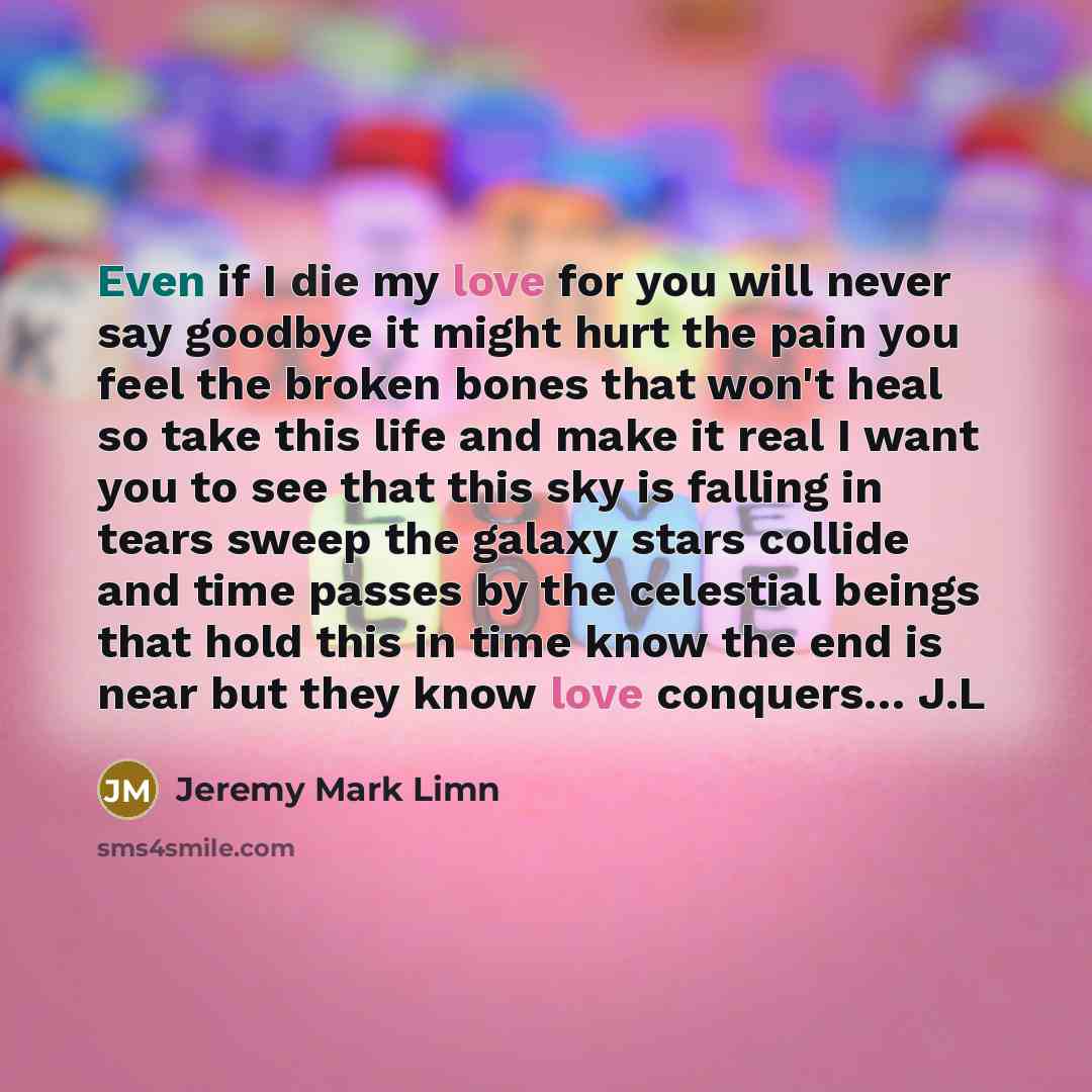 “Even if I die my love for you will never say goodbye it might hurt the pain you feel the broken bones that won't heal so take this life and make it real I want you to see that this sky is falling in tears sweep the galaxy stars collide and time passes by the celestial beings that hold this in time…” quote by Jeremy Mark Limn