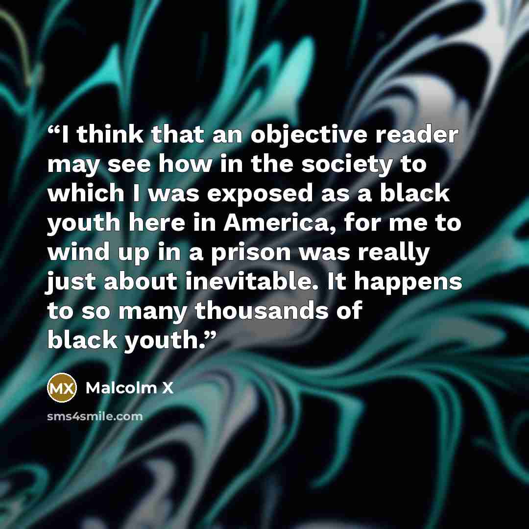 “I think that an objective reader may see how in the society to which I was exposed as a black youth here in America, for me to wind up in a prison was really just about inevitable. It happens to so many thousands of black youth.” quote by Malcolm X