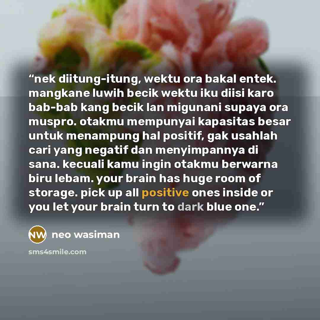 “nek diitung-itung, wektu ora bakal entek. mangkane luwih becik wektu iku diisi karo bab-bab kang becik lan migunani supaya ora muspro. otakmu mempunyai kapasitas besar untuk menampung hal positif, gak usahlah cari yang negatif dan menyimpannya di sana. kecuali kamu ingin otakmu berwarna biru…” quote by neo wasiman
