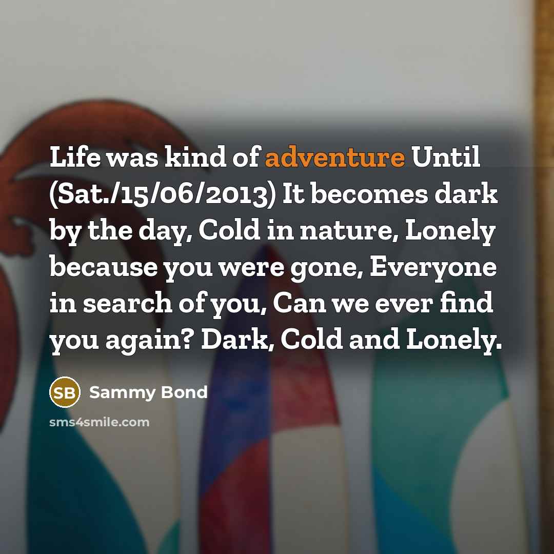 “Life was kind of adventure Until (Sat./15/06/2013) It becomes dark…” quote by Sammy Bond