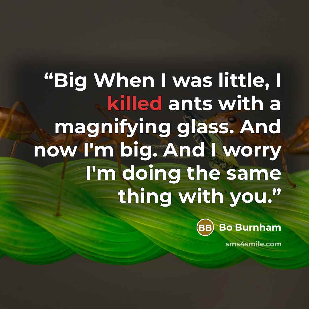 “Big When I was little, I killed ants with a magnifying glass. And now I'm big. And I worry I'm doing the same thing with you.” quote by Bo Burnham