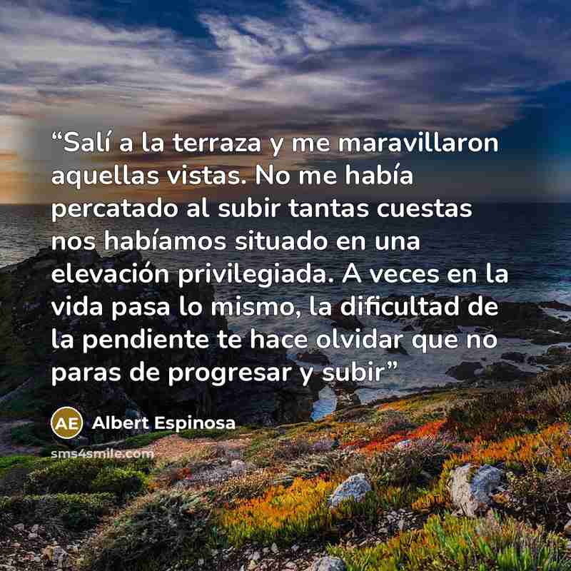 “Salí a la terraza y me maravillaron aquellas vistas. No me había percatado al subir tantas cuestas nos habíamos situado en una elevación privilegiada. A veces en la vida pasa lo mismo, la dificultad de la pendiente te hace olvidar que no paras de progresar y subir” quote by Albert Espinosa